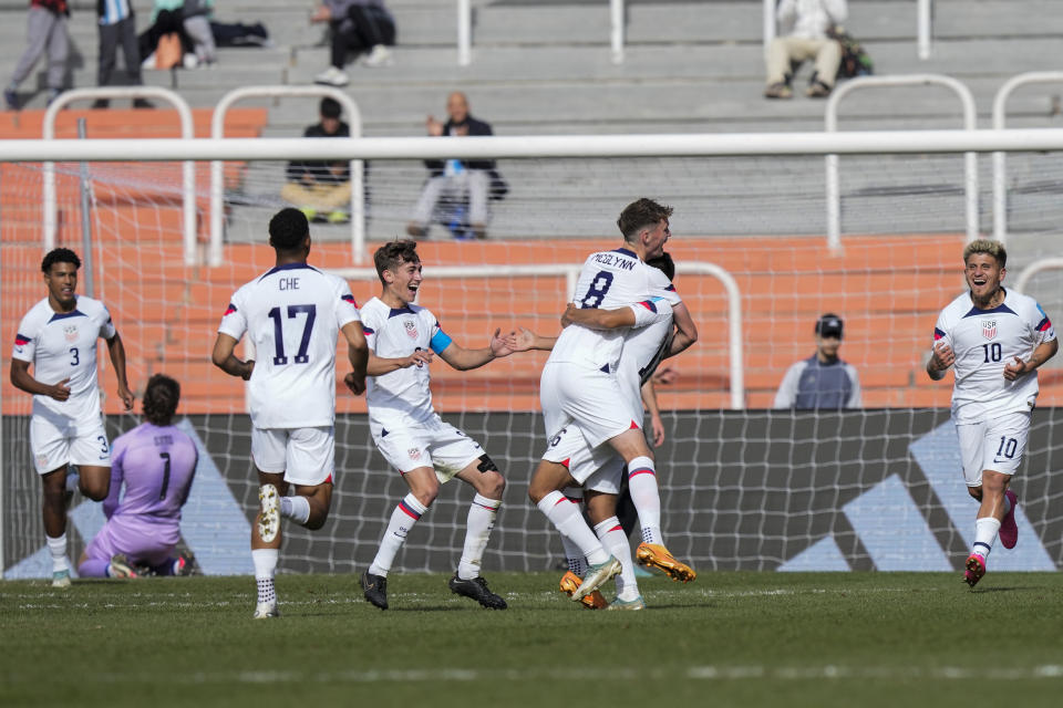 Owen Wolff of the United States (16) is congratulated after scoring his side's opening goal against New Zealand during a FIFA U-20 World Cup round of 16 soccer match at the Malvinas Argentinas stadium in Mendoza, Argentina, Tuesday, May 30, 2023. (AP Photo/Natacha Pisarenko)