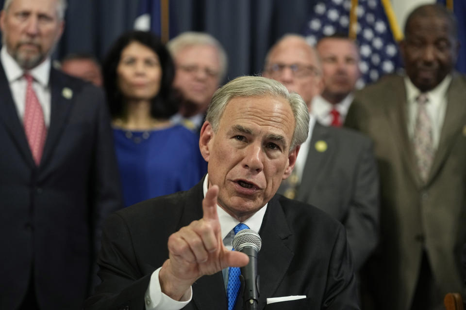 FILE - Texas Gov. Greg Abbott speaks after signing one of several Public Safety bills at the Texas Capitol in Austin, Texas, Tuesday, June 6, 2023. A group of migrants who arrived by bus in downtown Los Angeles on Wednesday, June 14, were sent from Texas in a move the city's mayor called a “despicable stunt” by a Republican governor. (AP Photo/Eric Gay, File)