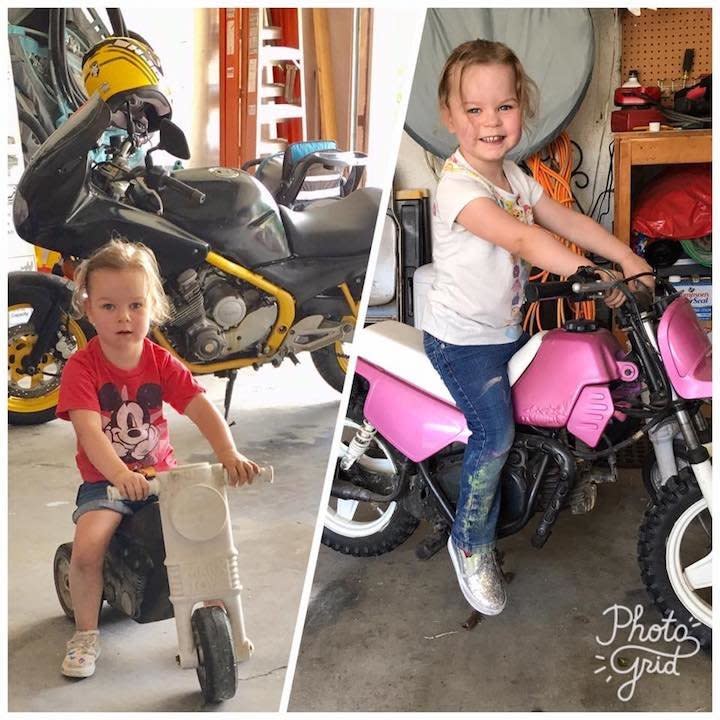 "Adrenaline junkie 3-year-old. Born with a rare heart defect and a need for speed. Prefers Mickey over Minnie, and wants Daddy to repaint her dirt bike red."