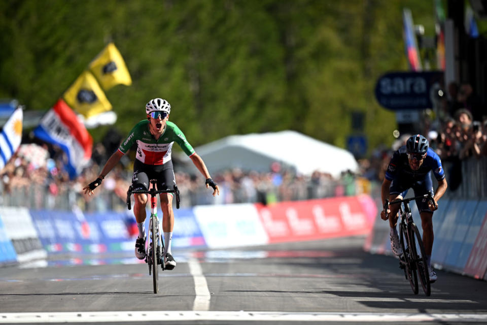 VAL DI ZOLDO  PALAFAVERA ITALY  MAY 25 LR Filippo Zana of Italy and Team Jayco AlUla celebrates at finish line as stage winner ahead of Thibaut Pinot of France and Team Groupama  FDJ during the 106th Giro dItalia 2023 Stage 18 a 161km stage from Oderzo to Val di Zoldo  Palafavera 1514m  UCIWT  on May 25 2023 in Val di Zoldo  Palafavera Italy Photo by Stuart FranklinGetty Images