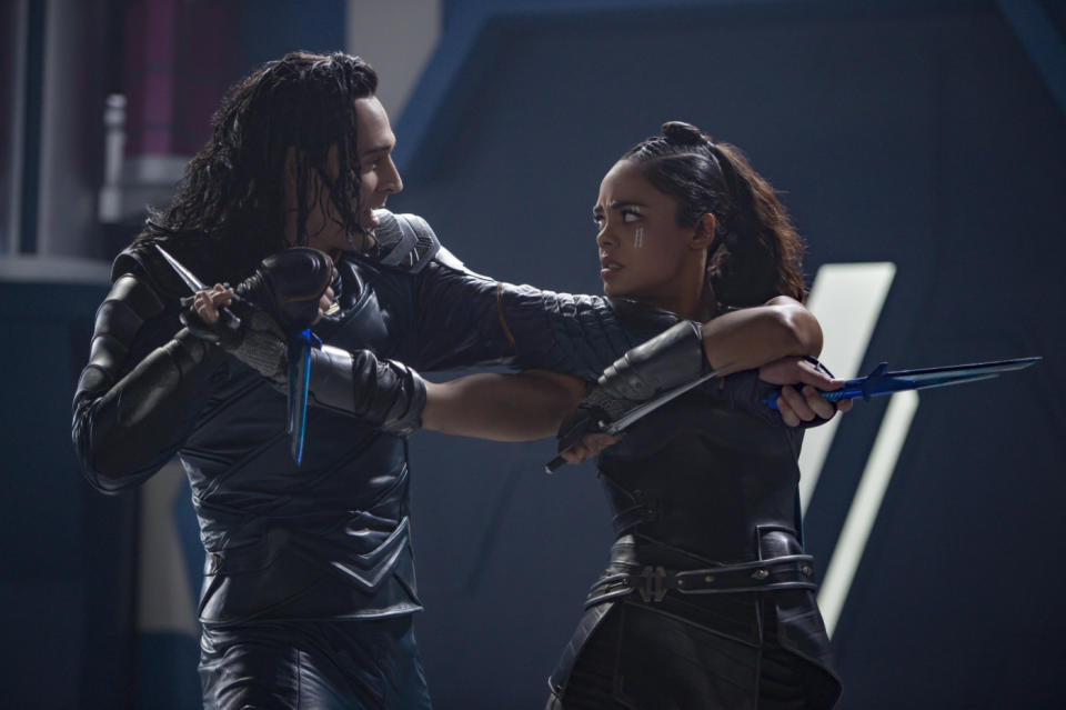 Tom Hiddleston's Loki tussles with Tessa Thompson's Valkyrie in Thor: Ragnarok (Marvel Studios)