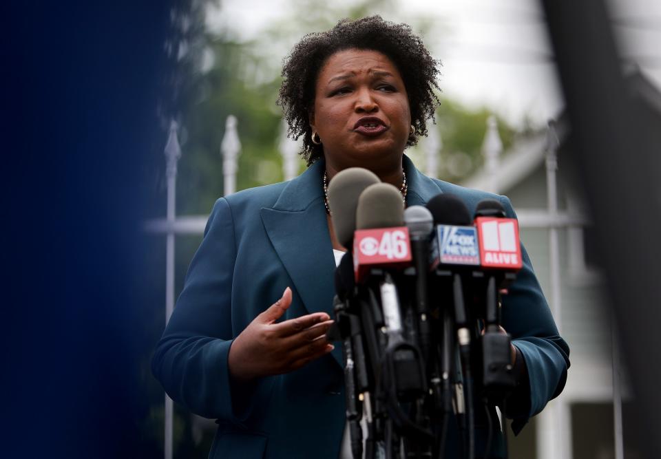 Democratic gubernatorial candidate Stacey Abrams speaks to the media during a press conference at the Israel Baptist Church as voters head to the polls during the Georgia primary on May 24 in Atlanta.