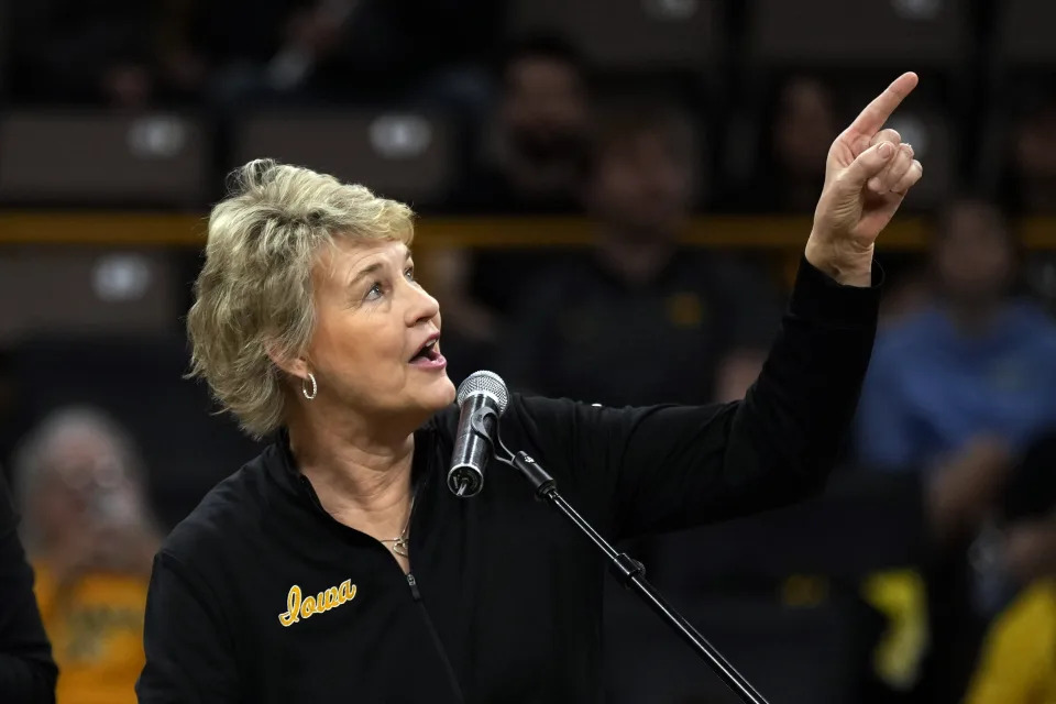 Iowa head coach Lisa Bluder speaks during an Iowa women's basketball team celebration, Wednesday, April 10, 2024, in Iowa City, Iowa. Iowa lost to South Carolina in the Final Four college basketball championship game of the women's NCAA Tournament on Sunday. (AP Photo/Charlie Neibergall)