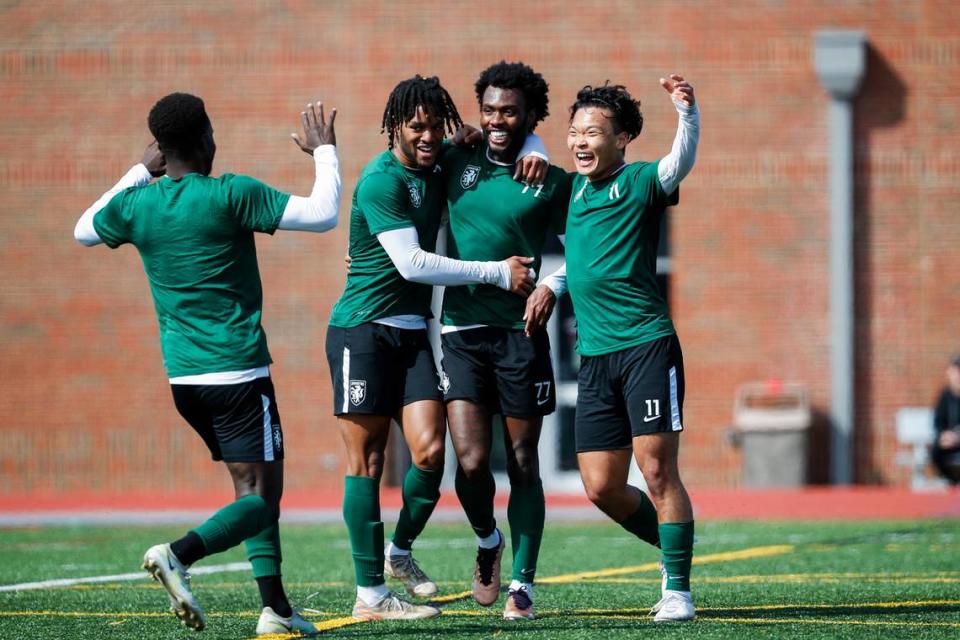 Nico Brown (77) celebrates scoring a goal during a scrimmage at Transylvania University last month. Majority owner Bill Shively’s ultimate hope for Lexington Sporting Club is that it provides a pathway for local players from Central Kentucky to find lifelong success. “What if we train kids, from the time they’re 8, and now they’re playing for Chelsea? That would be the big win.”