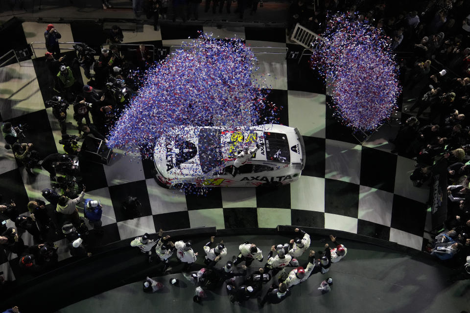 William Byron celebrates in Victory Lane after winning the NASCAR Daytona 500 auto race Monday, Feb. 19, 2024, at Daytona International Speedway in Daytona Beach, Fla. (AP Photo/Chris O'Meara)