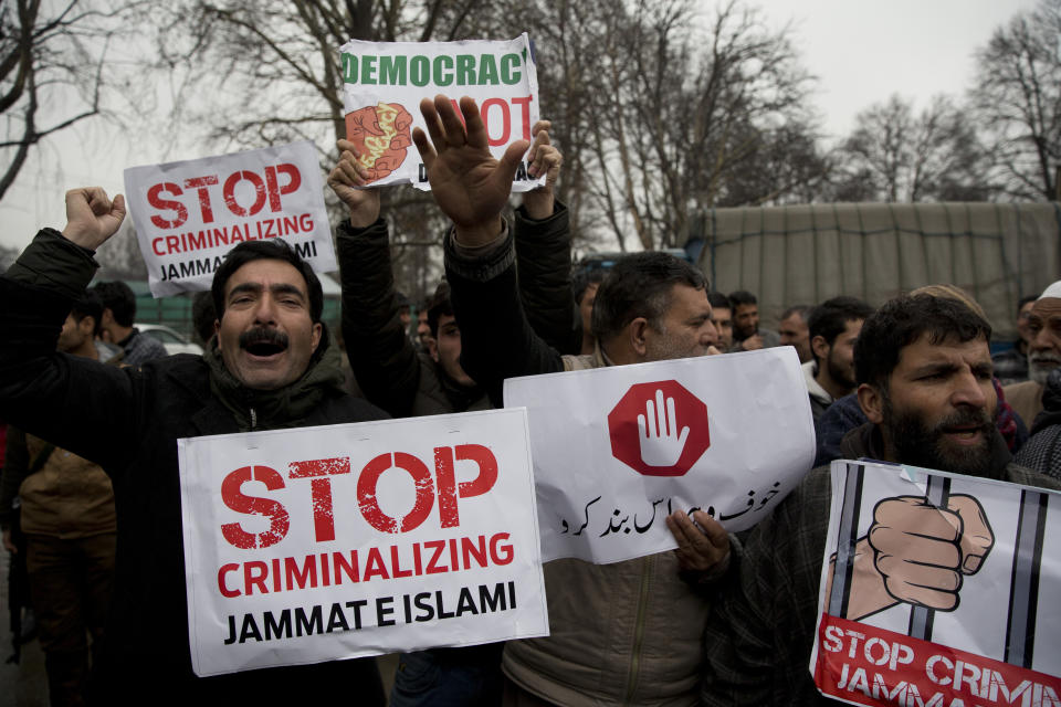 Kashmiri supporters of the Peoples Democratic Party (PDP) shout slogans against banning of Jama'at-e-Islami, the largest political and religious group in Indian-controlled Kashmir, during a protest in Srinagar, Indian controlled Kashmir, Saturday, March 2, 2019. India has banned the group in Kashmir in a sweeping and ongoing crackdown against activists seeking the end of Indian rule in the disputed region amid most serious confrontation between India and Pakistan in two decades. (AP Photo/ Dar Yasin)