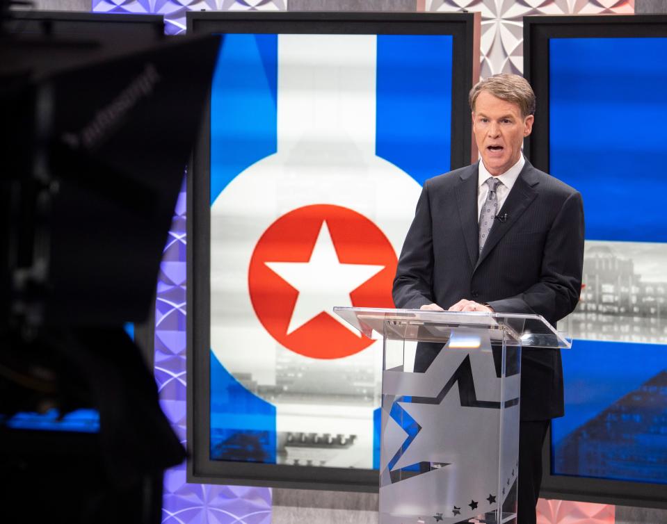 Republican candidate Jefferson Shreve speaks during the second live televised Indianapolis mayoral debate held Thursday, Oct. 26, 2023, at the Fox59 studios in Indianapolis.