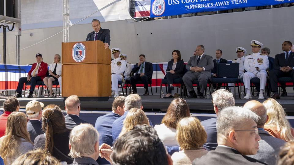 Baseball Hall of Famer Joe Torre speaks during the commissioning ceremony of the Freedom-variant littoral combat ship Cooperstown May 6 in New York. (MC1 Kevin C. Leitner/Navy via AP)