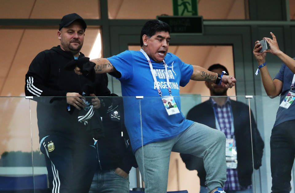 <p>Maradona is seen during the 2018 FIFA World Cup Russia group D match between Argentina and Croatia at Nizhniy Novgorod Stadium on June 21, 2018 in Nizhniy Novgorod, Russia. (Photo by Ian MacNicol/Getty Images) </p>