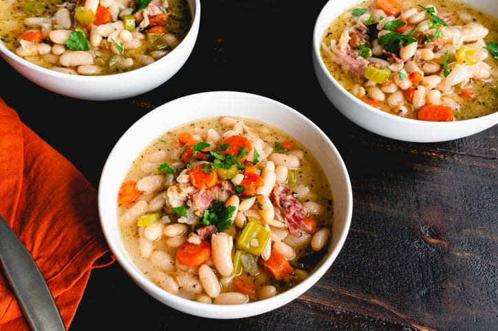 Cannellini bean soup with smoked pork and vegetables.