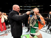 <p>Conor McGregor of Ireland celebrates his KO victory over Eddie Alvarez of the United States in their lightweight championship bout during the UFC 205 event at Madison Square Garden on November 12, 2016 in New York City. (Photo by Jeff Bottari/Zuffa LLC/Zuffa LLC via Getty Images) </p>