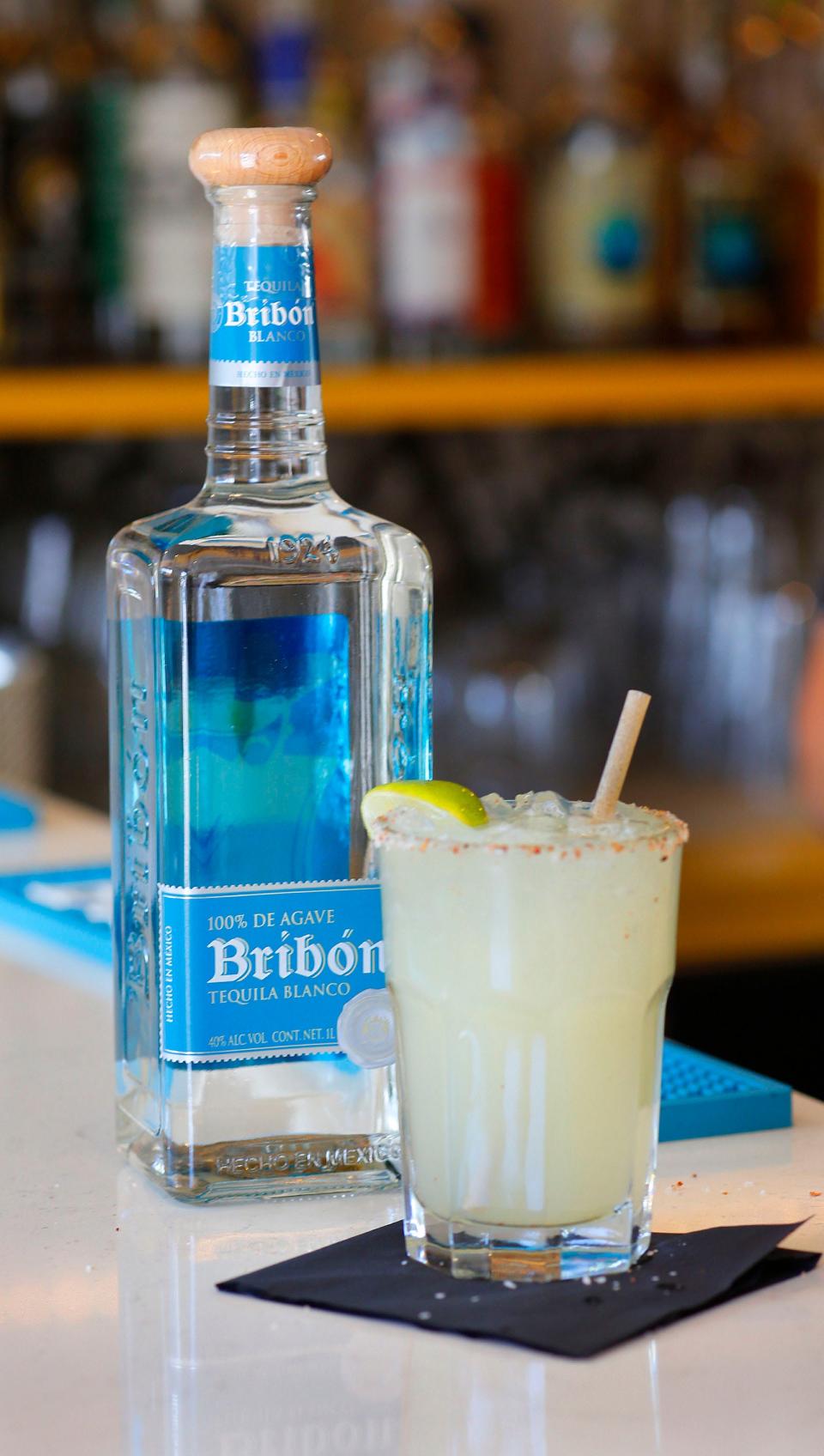 A cocktail made with Bribon tequila, rimmed with salt and Tajan from Locales Tacos y Tequila at Crow Point in Hingham.