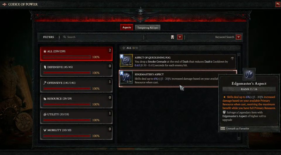 Diablo 4 season 4's new Codex of Power menu with a list of Legendary aspects
