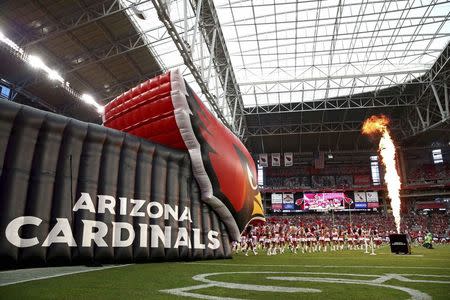Arizona Cardinals players enter the field prior to their NFL game against the Houston Texans during a preseason game at University of Phoenix Stadium in Glendale, Arizona in this August 9, 2014 file photo. REUTERS/Mark J. Rebilas-USA TODAY Sports/Files