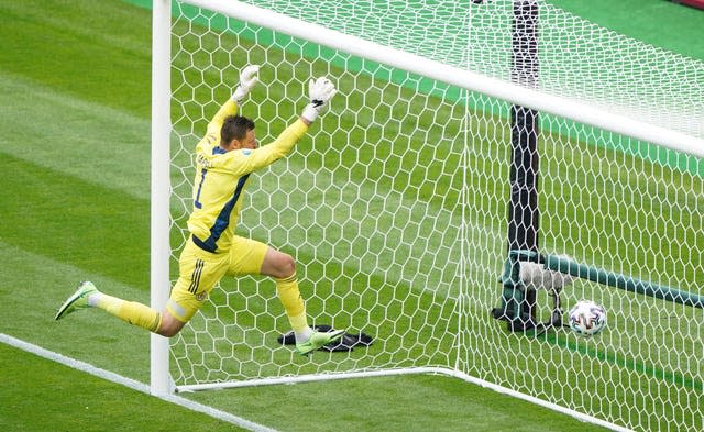 David Marshall scrambles to get the ball as Czech Republic’s Patrik Schick scores from 50 yards 