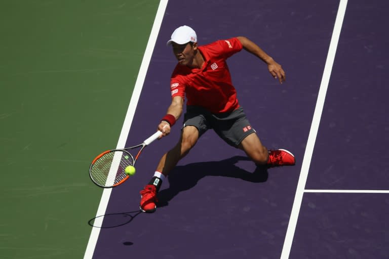 Kei Nishikori in action against Federico Delbonis at the Miami Open in Florida