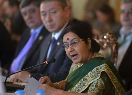 Indian Foreign Minister Sushma Swaraj delivers a speech on the First day of the Heart of Asia conference in Islamabad on December 9, 2015. REUTERS/Aamir Qureshi/Pool