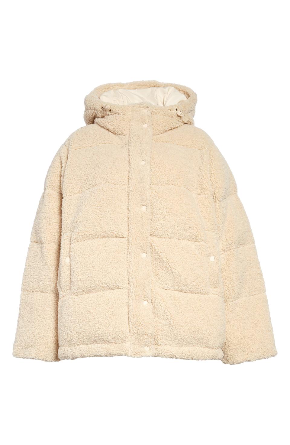 1) Faux Shearling Hooded Puffer Coat