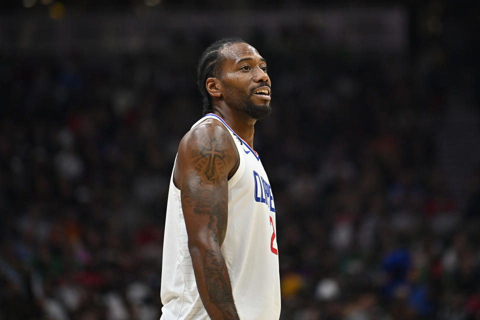 SEATTLE, WASHINGTON - OCTOBER 03: Kawhi Leonard #2 of the Los Angeles Clippers looks on during the first half of the preseason game against the Portland Trail Blazers at Climate Pledge Arena on October 03, 2022 in Seattle, Washington. The Los Angeles Clippers won 102-97. NOTE TO USER: User expressly acknowledges and agrees that, by downloading and or using this photograph, User is consenting to the terms and conditions of the Getty Images License Agreement. (Photo by Alika Jenner/Getty Images)