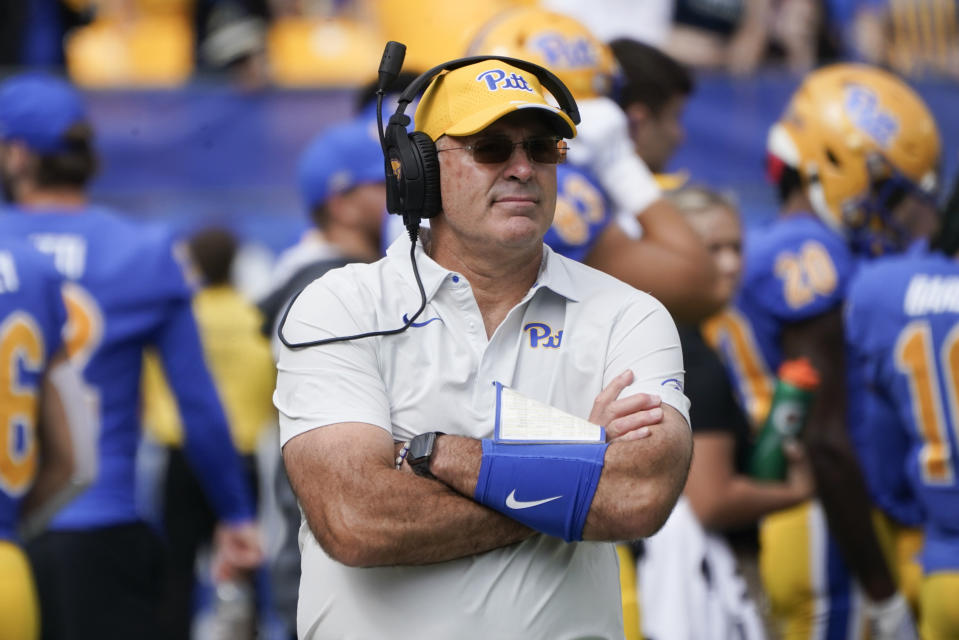 FILE - Pittsburgh coach Pat Narduzzi watches the team during the second half of an NCAA college football game against Rhode Island, Sept. 24, 2022, in Pittsburgh. Pittsburgh won 45-24. Pittsburgh opens its season at home against Wofford on Sept. 2. (AP Photo/Keith Srakocic, File)