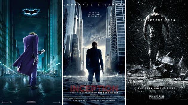 Looking at backs in the posters for 'The Dark Knight,' 'Inception' and 'The Dark Knight Rises'