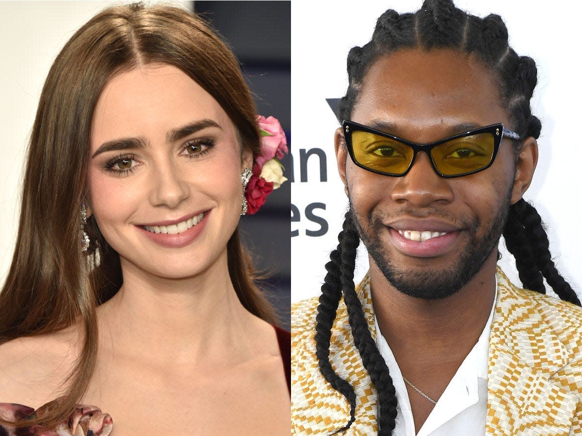 side by side headshots of lily collins and jeremy o harris