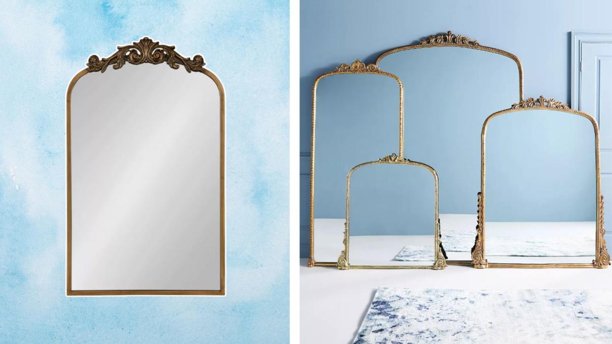  The Gleaming Primrose Mirror lookalike on the left on a blue background. 