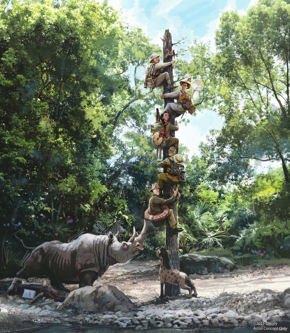 Concept art for the re-imagined "trapped safari" scene of the Jungle Cruise.