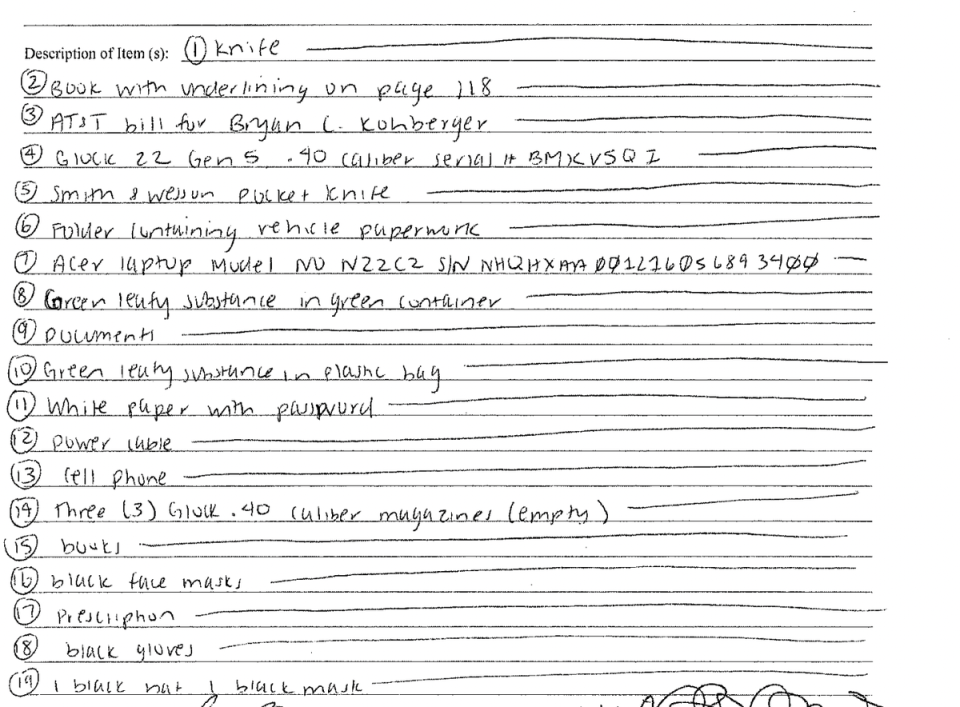 List of items seized adt authorities served a search warrat at Bryan Kohberger’s home (Pennsylvania Courts)