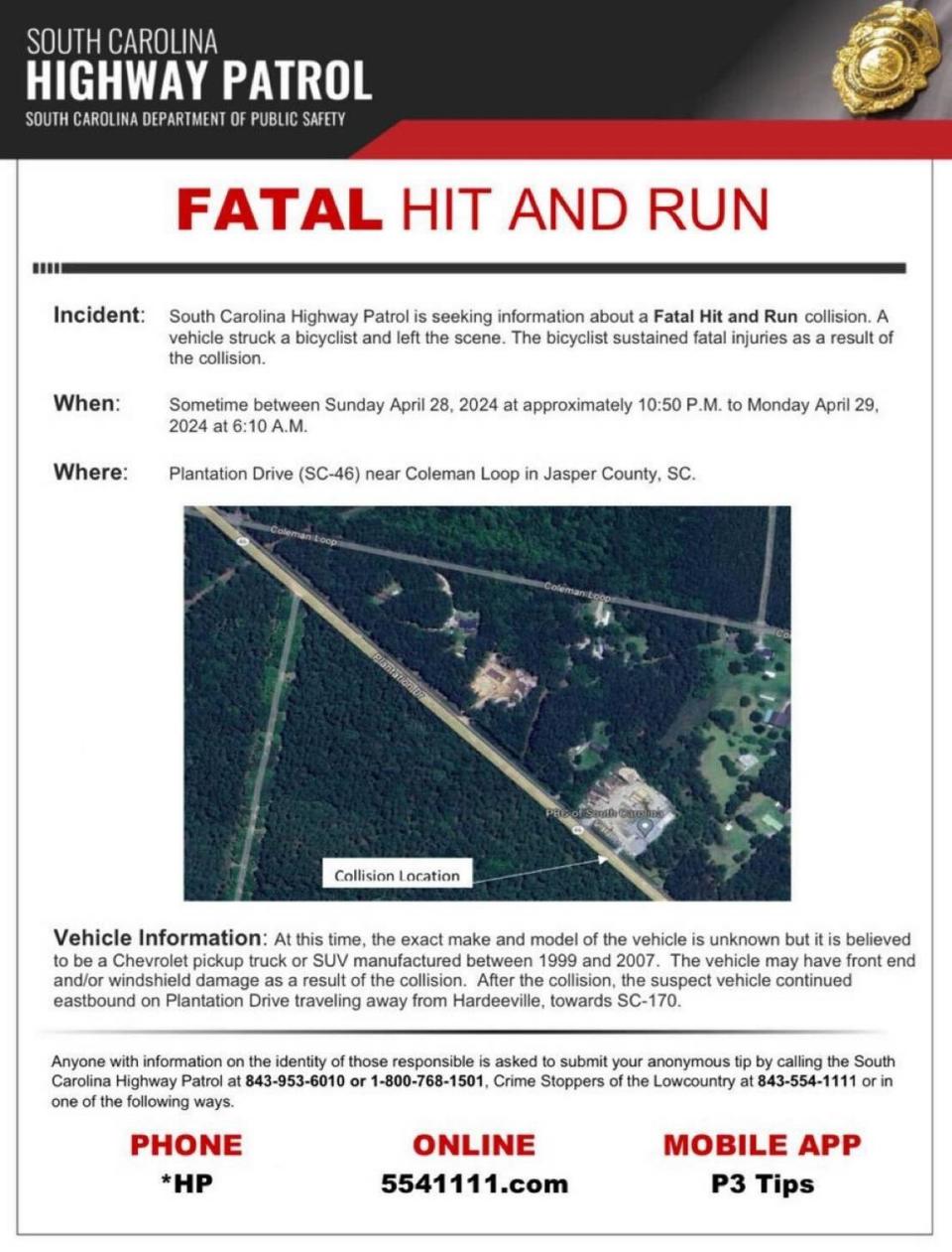 The S.C. Highway Patrol released this flyer Tuesday evening seeking information in a fatal hit-and-run that happened outside Hardeeville town limits early Monday morning.