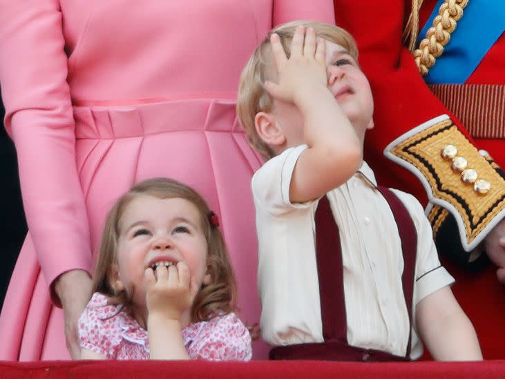 <p>When Prince George and Princess Charlotte joined the senior members of the royal family for the Queen's 91st birthday celebrations in 2017, they were of course the cutest ones on the balcony. Charlotte matched her mum for a second year, this time in a pink printed dress, while George looked utterly unimpressed by the annual Trooping the Colour flypast. </p>