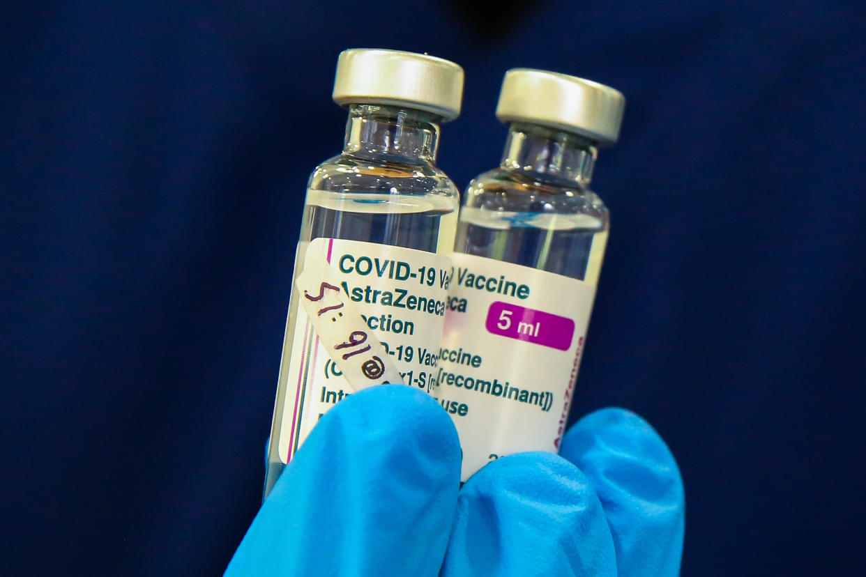 A member of NHS staff holds the Oxford-AstraZeneca Covid-19 vaccine. The use of the Oxford-AstraZeneca vaccine has been suspended in the Republic of Ireland following reports of blood clotting events in adults in Norway. (Photo by Dinendra Haria / SOPA Images/Sipa USA)