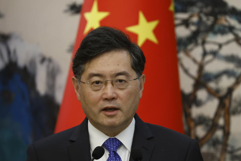 Chinese Foreign Minister Qin Gang attends a joint news conference with his Dutch counterpart Wopke Hoekstra, not pictured, following their meeting in Beijing, China, Tuesday May 23, 2023. (Thomas Peter/Pool Photo via AP)