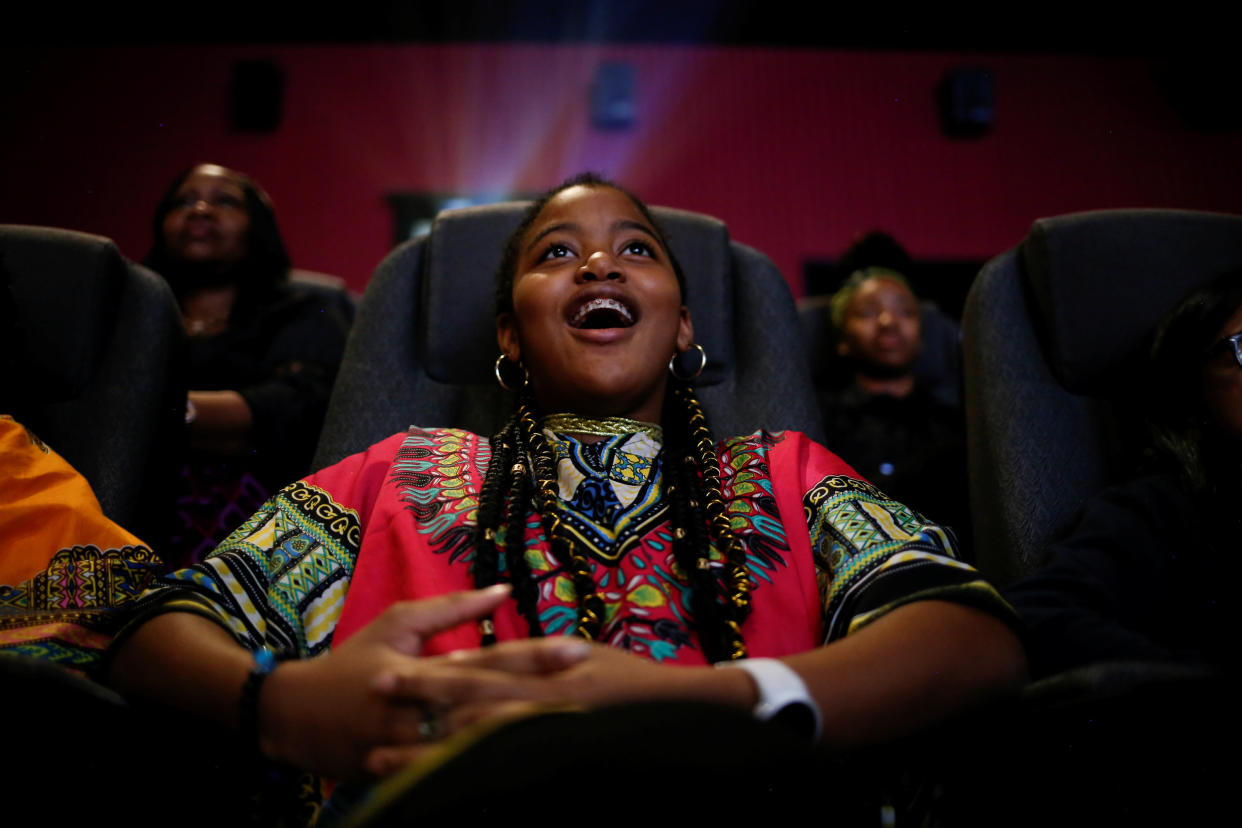 Ron Clark Academy&nbsp;sixth-grader De Ja Little, 12, joins classmates in watching the film "Black Panther"&nbsp;on Feb. 21, 2018. (Photo: Christopher Aluka Berry/Reuters)