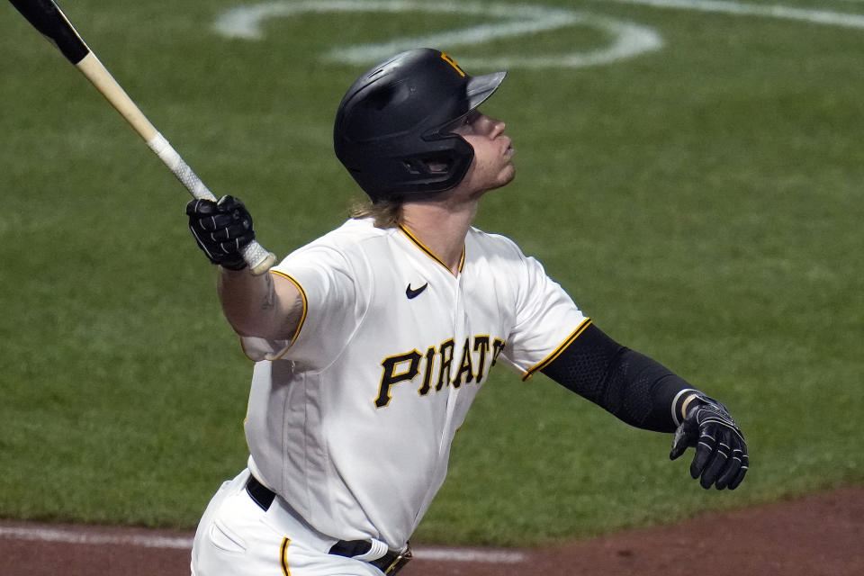 CORRECTS TO RELIEF PITCHER NOT STARTING PITCHER - Pittsburgh Pirates' Jack Suwinski follows through on a sacrifice fly to right field off Oakland Athletics relief pitcher Shintaro Fujinami, driving in a run, during the sixth inning of a baseball game in Pittsburgh, Monday, June 5, 2023. (AP Photo/Gene J. Puskar)