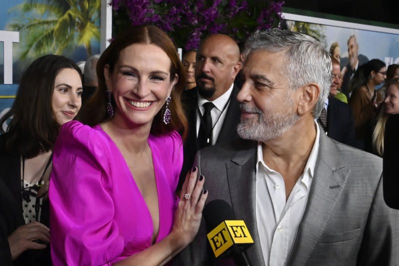 Julia Roberts (L) and George Clooney attend the Los Angeles premiere of "Ticket to Paradise" in 2022. File Photo by Jim Ruymen/UPI