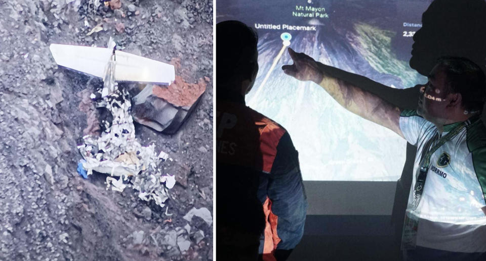 The wreckage of the plane in the Philippines (left) and search teams looking at a map (right). 