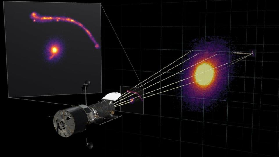 Gráfico que muestra un arco de luz alrededor de un agujero negro
