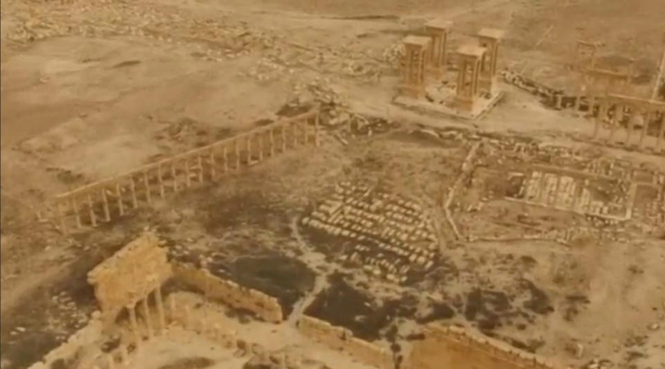 An aerial view of Palmyra on March 28 shows that many of the ancient city's monuments were still&nbsp;standing.