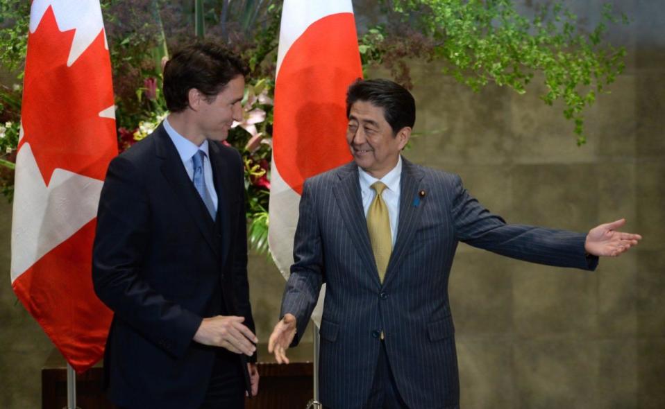 Prime Minister Justin Trudeau, left, meets with Japan Prime Minister Shinzo Abe at the Kantei in Tokyo, Japan, on Tuesday, May 24, 2016. THE CANADIAN PRESS/Sean Kilpatrick