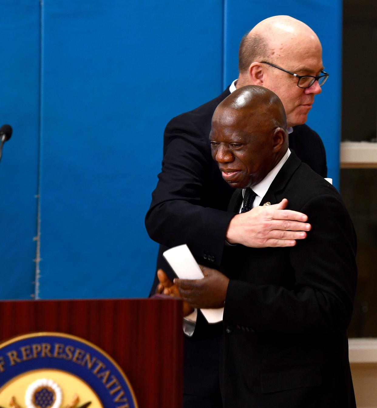 U.S. Rep. James P. McGovern and African Community Education Executive Director and Co-Founder Kaska Yawo embrace as McGovern announces Friday that ACE will receive $3 million in federal funding for the new immigrant and refugee services facility on Gage Street in Worcester.