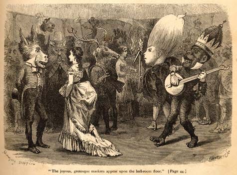 1875 engraving "The joyous, grotesque maskers appear upon the ball-room floor." Mardi Gras masque ball.