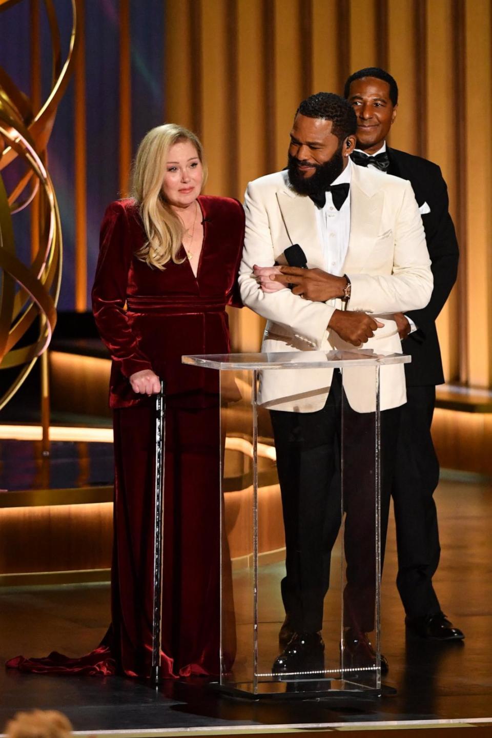 PHOTO: Actress Christina Applegate and Actor Anthony Anderson speak onstage during the 75th Emmy Awards at the Peacock Theatre at L.A. Live in Los Angeles on Jan. 15, 2024. (Valerie Macon/AFP via Getty Images, FILE)