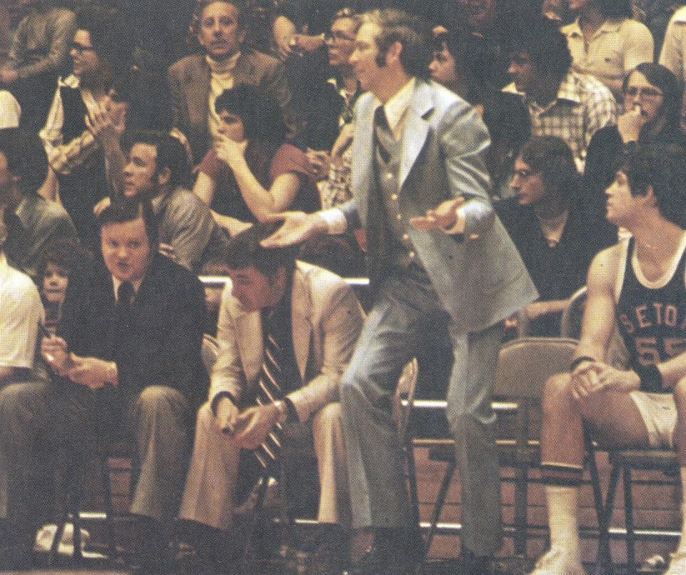 Bill Raftery coaching Seton Hall at Walsh Gym in 1976