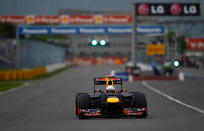 MONTREAL, CANADA - JUNE 08: Sebastian Vettel of Germany and Red Bull Racing drives during practice for the Canadian Formula One Grand Prix at the Circuit Gilles Villeneuve on June 8, 2012 in Montreal, Canada. (Photo by Vladimir Rys/Getty Images)