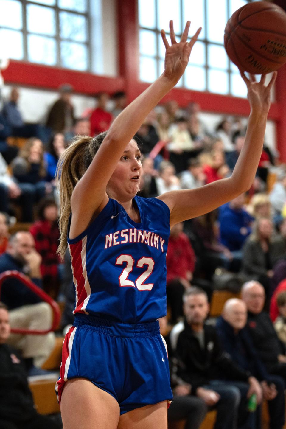 Neshaminy junior Reese Zemitis takes a 3-point shot in PIAA girls basketball first-round game at Archbishop John Carroll High School in Radnor on Friday, March 10, 2023. Neshaminy fell to Archbishop Carroll 50-37.