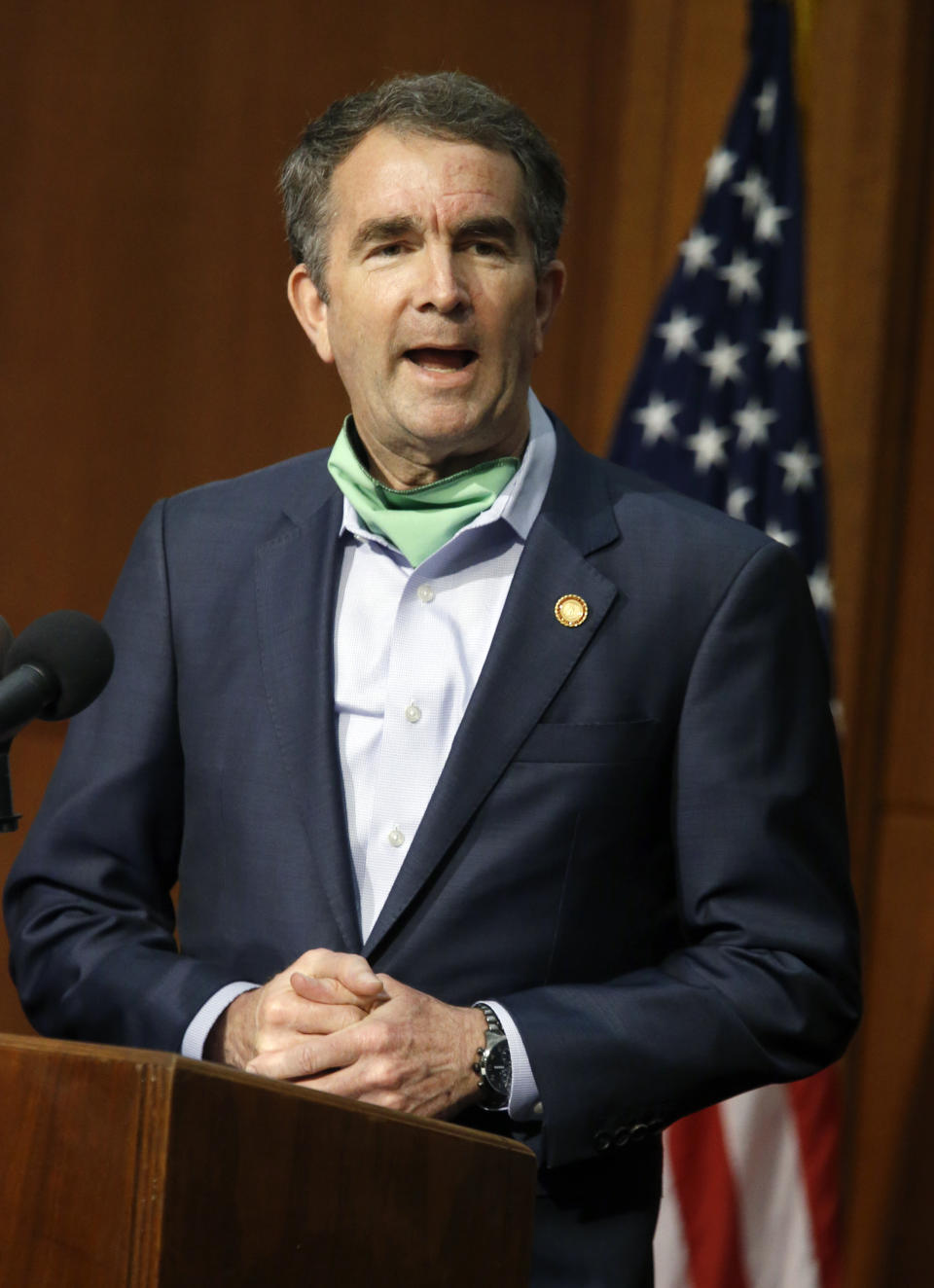 Virginia Governor Ralph Northam speaks during the COVID-19 press briefing inside the Patrick Henry Building in Richmond, Va., Tuesday, May 26, 2020. (Bob Brown/Richmond Times-Dispatch via AP)