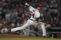 Atlanta Braves pitcher Max Fried (54) pitches during the first inning against the Los Angeles Dodgers in Game 1 of baseball's National League Championship Series Saturday, Oct. 16, 2021, in Atlanta. (AP Photo/Brynn Anderson)