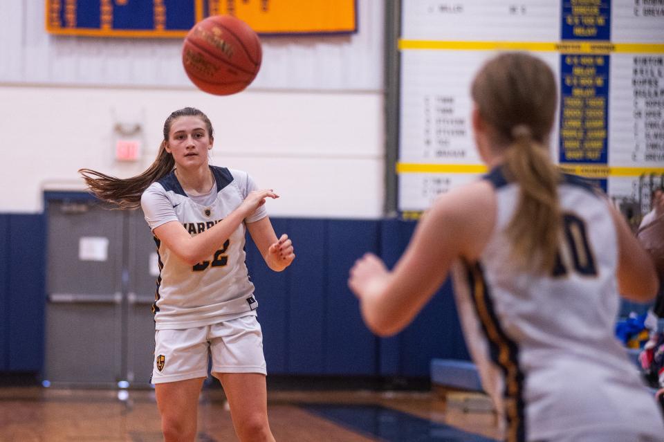 Loudes' Simone Pelish, left, passes the ball during the girls basketball game at Our Lady of Lourdes High School in Poughkeepsie, NY on Saturday, December 9, 2023. Loudes defeated Kennedy 65-38. KELLY MARSH/FOR THE POUGHKEEPSIE JOURNAL
