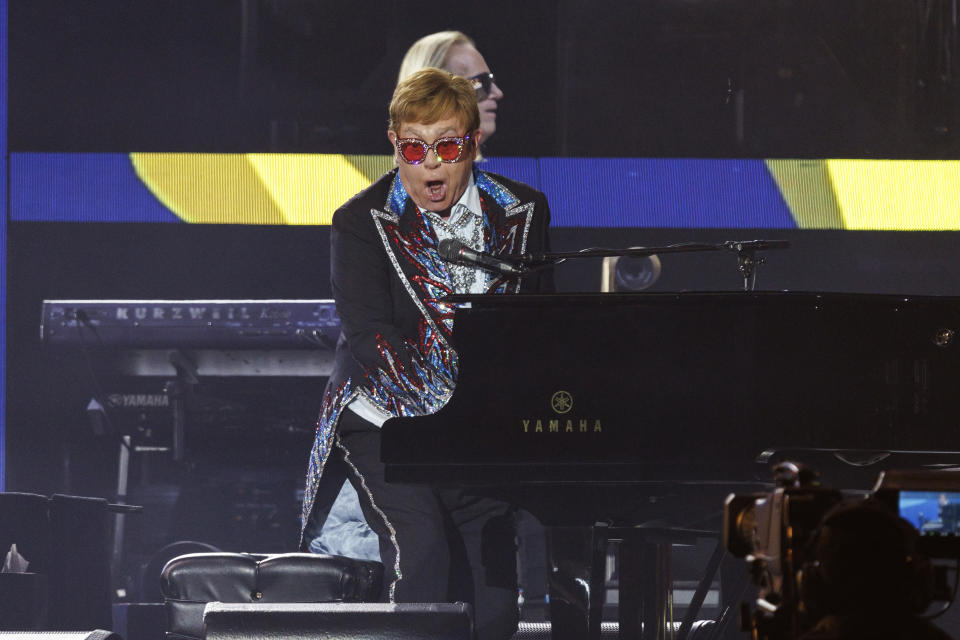Sir Elton John performs live at the Elton John's final North American show of his "Farewell Yellow Brick Road" tour on Sunday, Nov. 20, 2022, at the Dodger Stadium in Los Angeles. (Photo by Willy Sanjuan/Invision/AP)